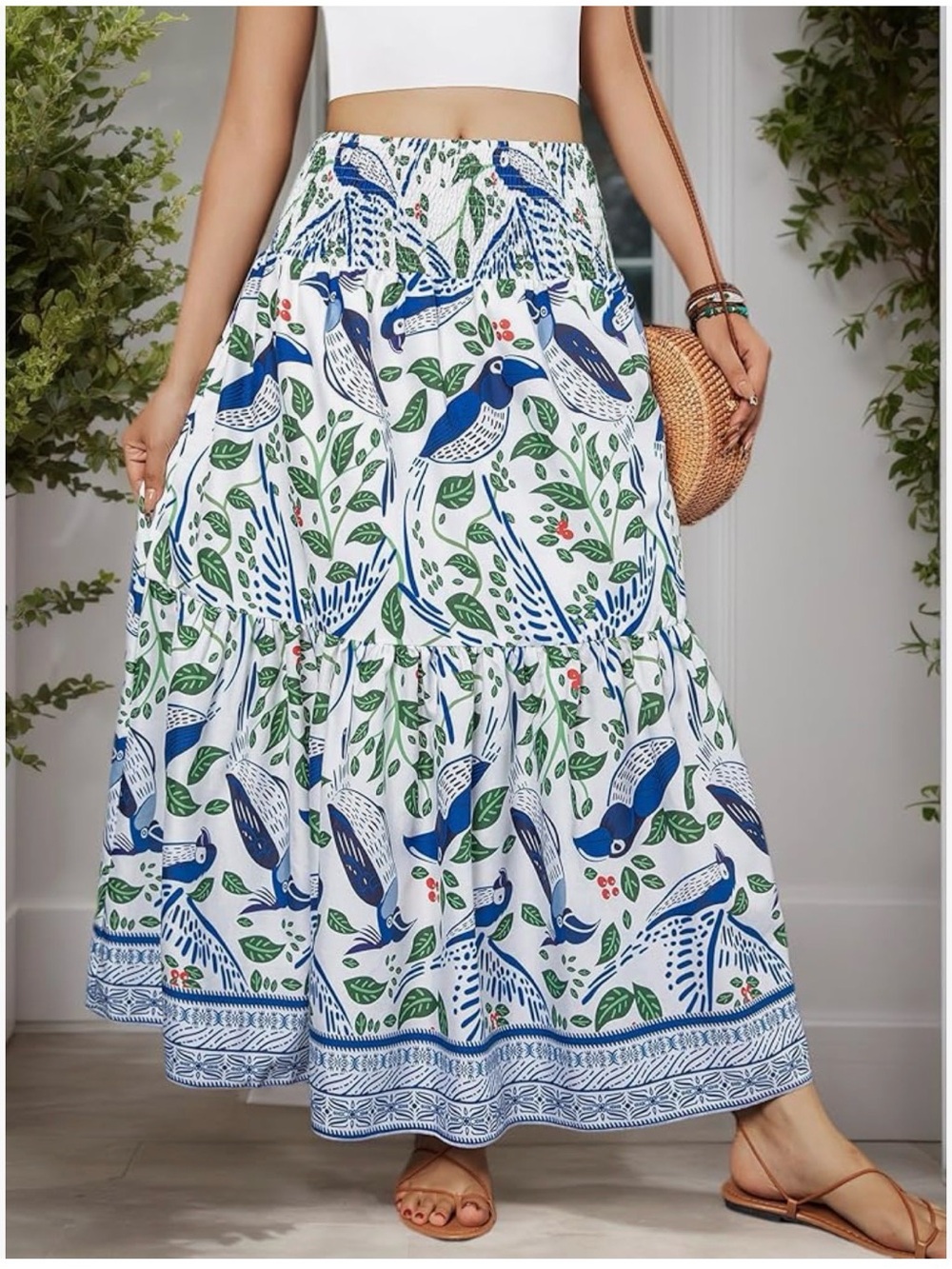 Amazon White Maxi Skirt with Blue & Green Bird Motif